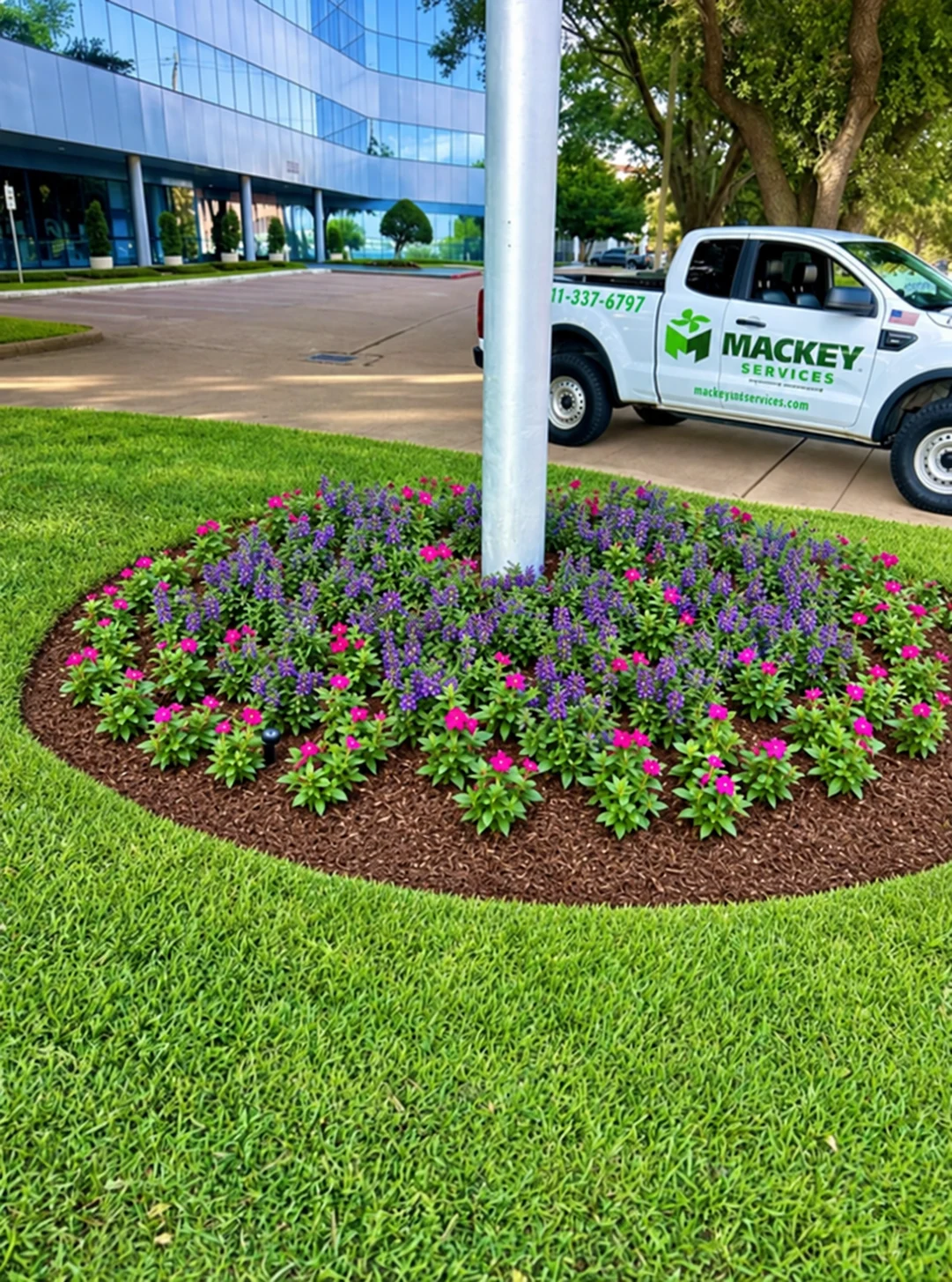 A circular flower bed at a commercial property, with a branded Mackey Services truck parked beside it