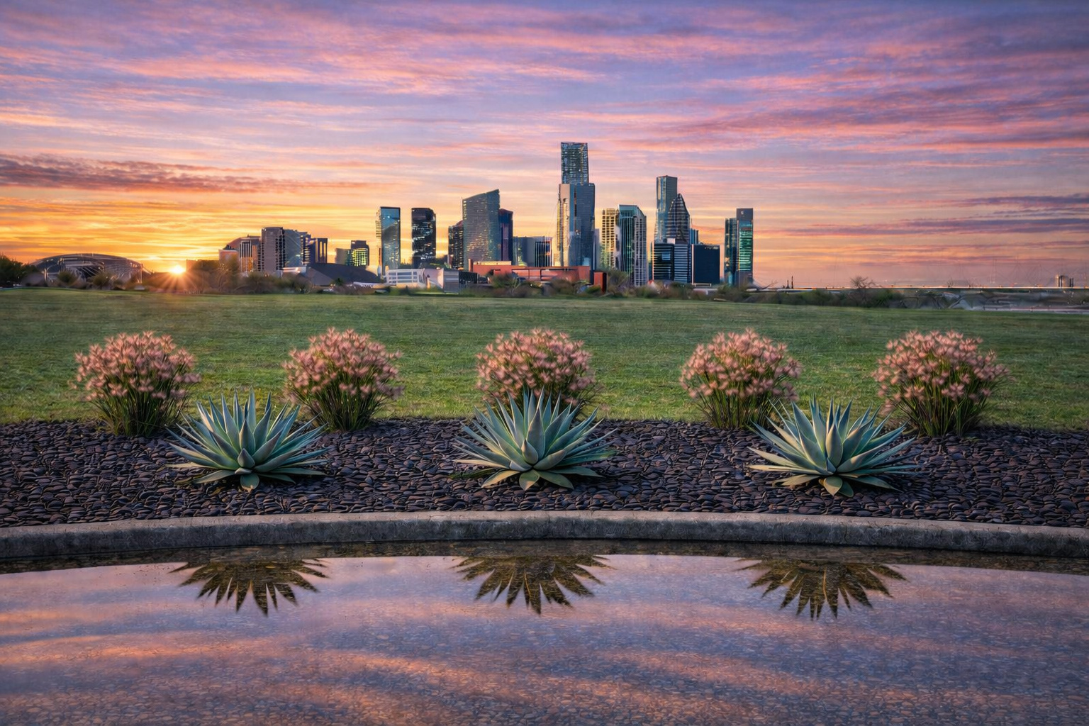 City skyline rising above landscaped planting, with its reflection in the water