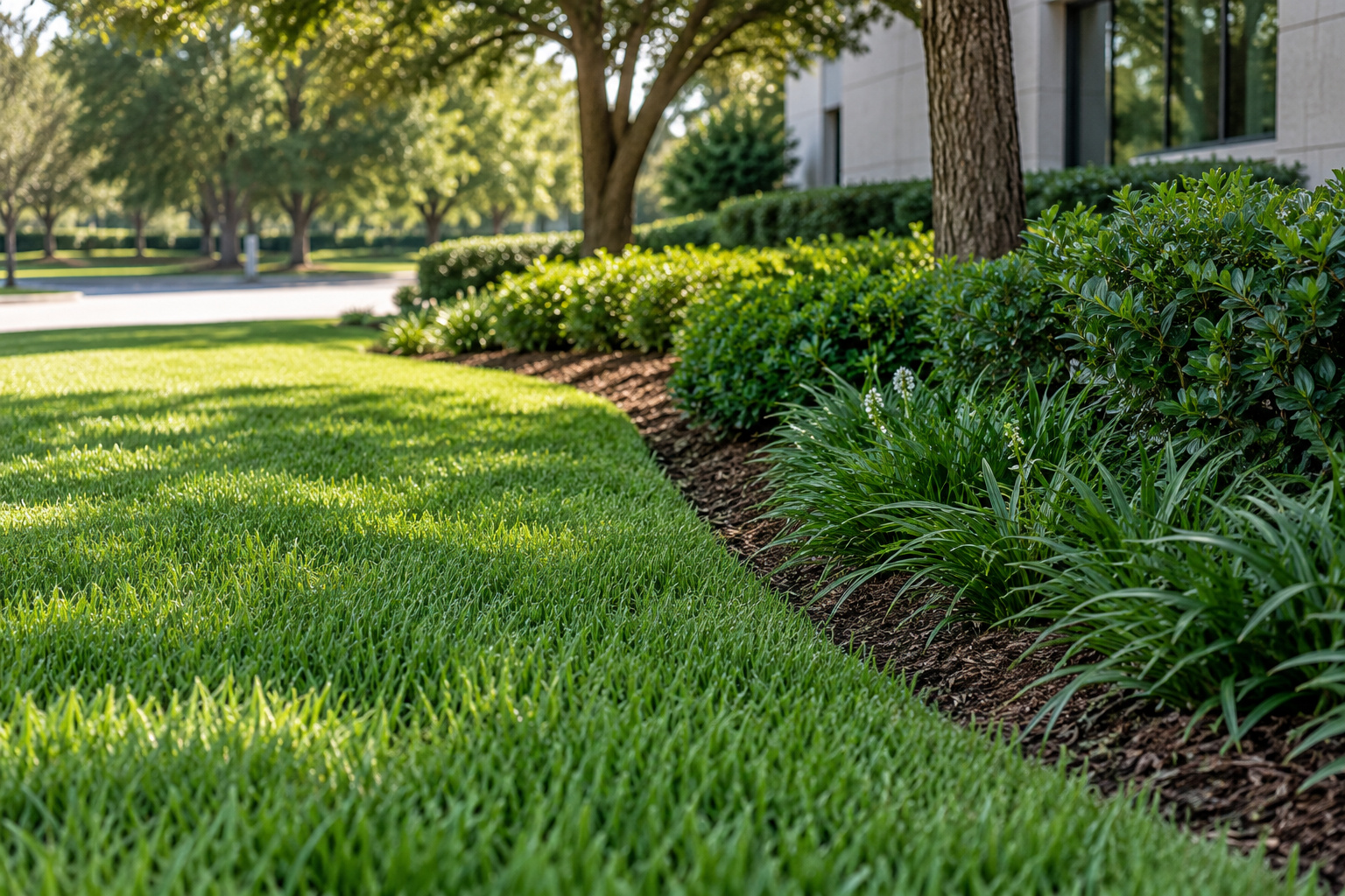 Healthy green turf with a clean edge beside established landscape planting