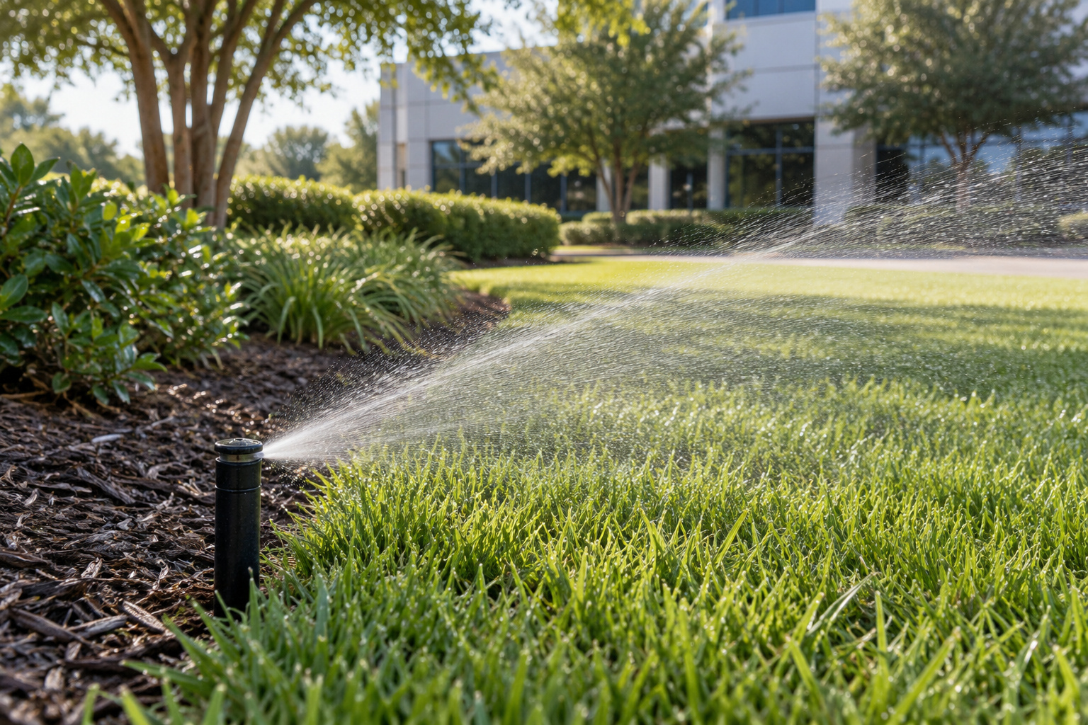 A pop-up sprinkler watering a lawn beside a mulched planting bed