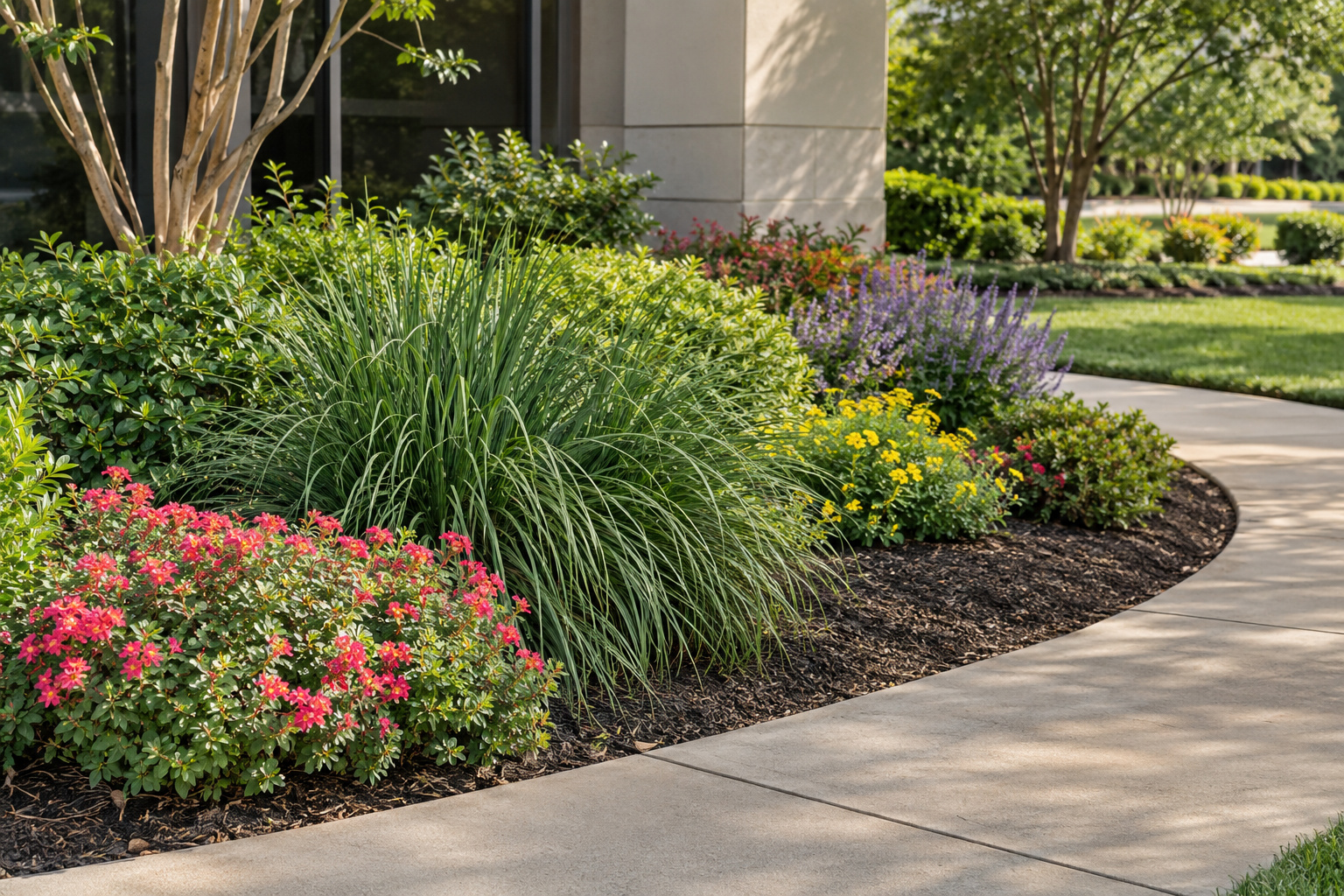 Flowering plants and ornamental grasses along a commercial entrance walkway